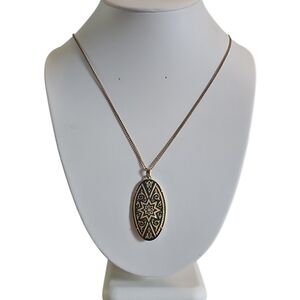 Vintage Damascene Gold Geometric Design Oval Pendant Necklace